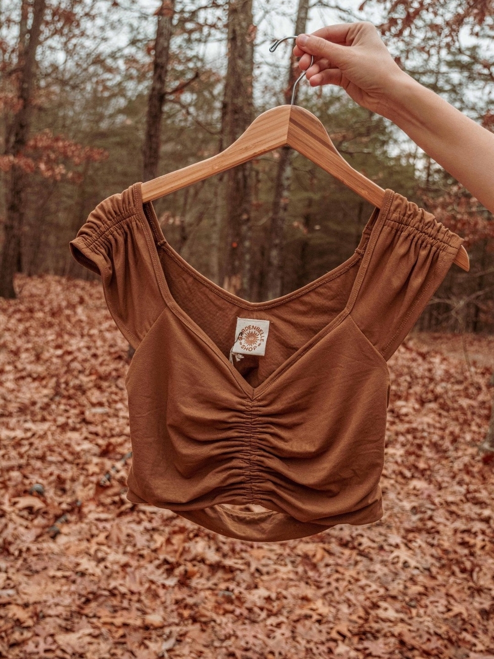 Ruched V-Neck Brown Crop Top with Puff Sleeves
